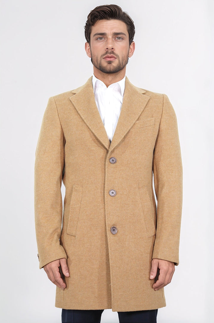 üç düğmeli mono yaka yün ve kaşmir karışımlı camel kaban 
