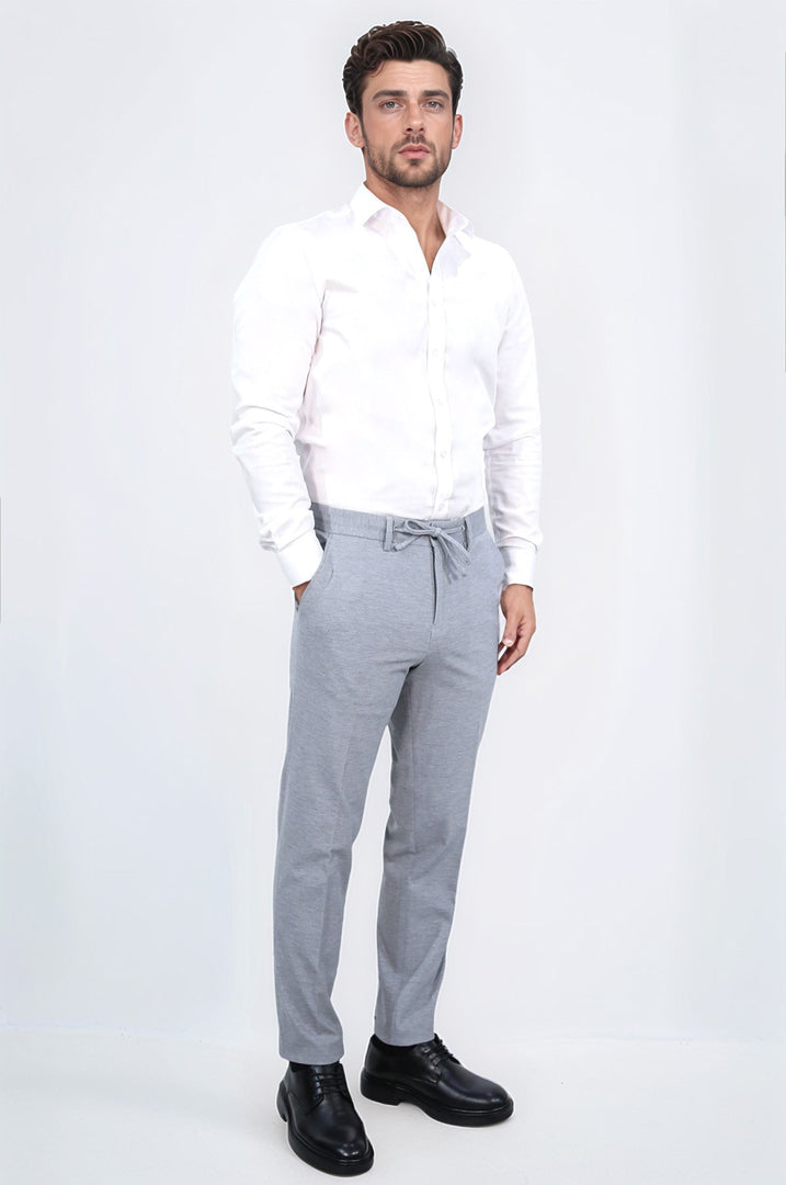 hafif dokulu kendinden kemerli gri jogger tek pantolon 