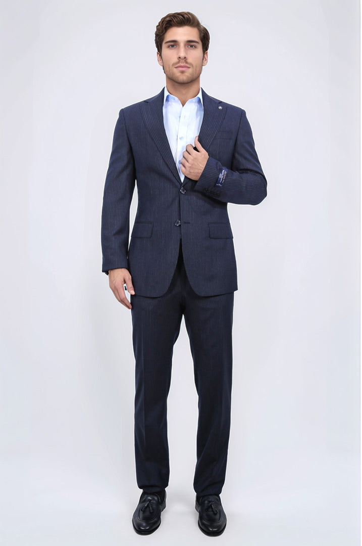 Slim fit mono yaka lacivert çizgili yünlü takım elbise 