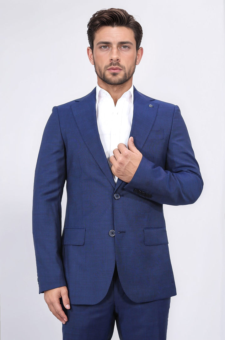 Slim fit mono yaka mavi takım elbise 