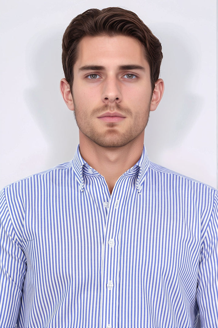 slim fit non-ıron çizgili mavi gömlek 