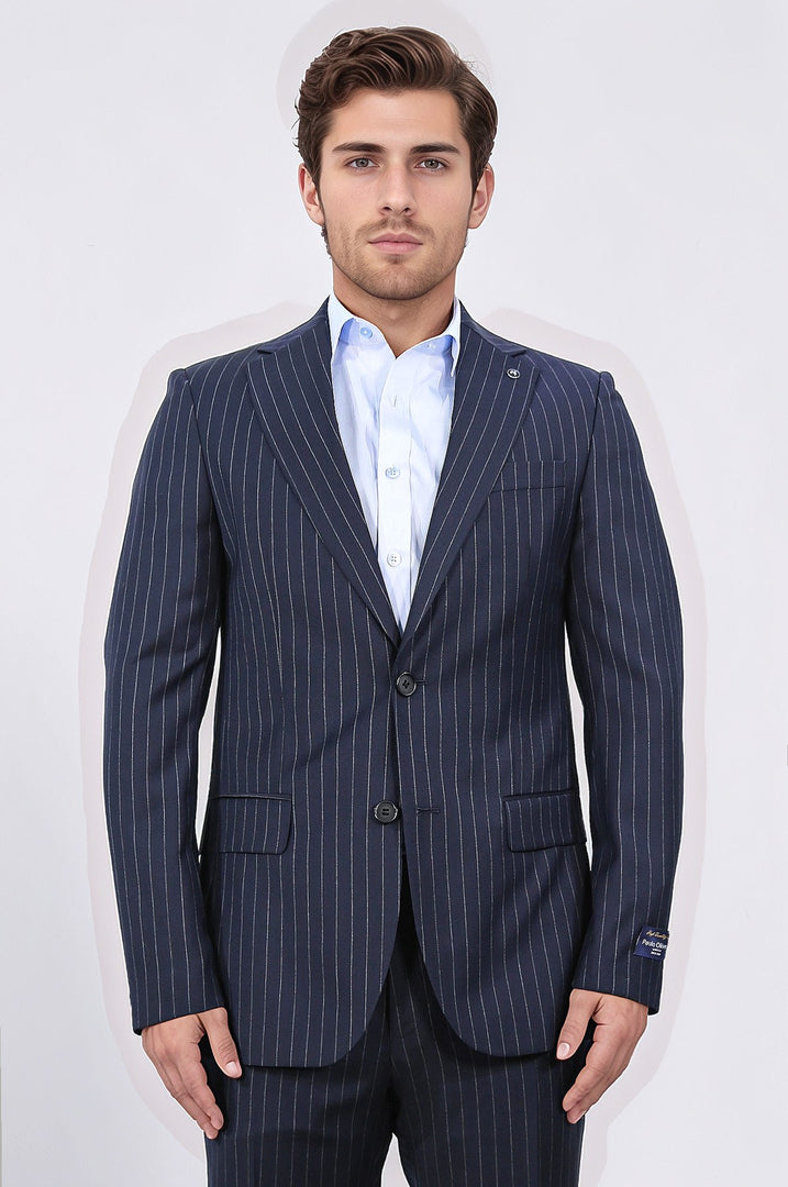 Slim fit mono yaka çizgili lacivert yünlü takım elbise 