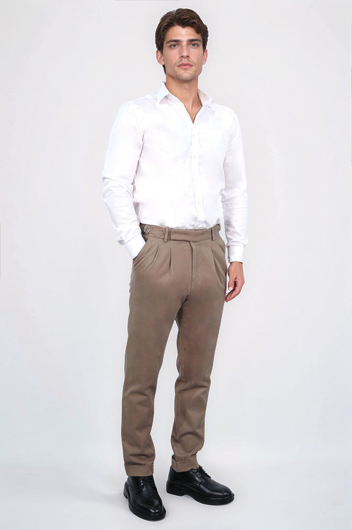 toka detaylı duble paça koyu bej tek pantolon 