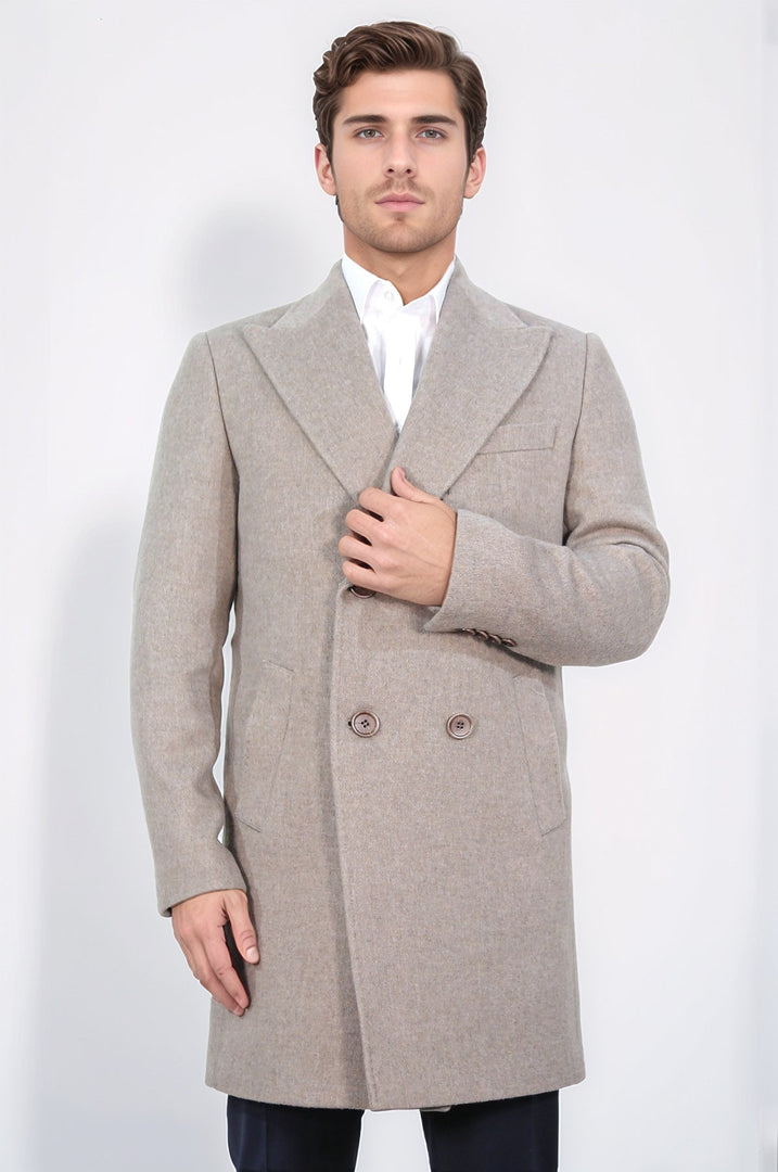 kruvaze sivri yaka yün ve kaşmir karışımlı bej kaban 