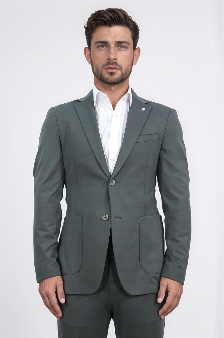 comfort fit bi-strech hafif dokulu yeşil astarsız tek ceket 
