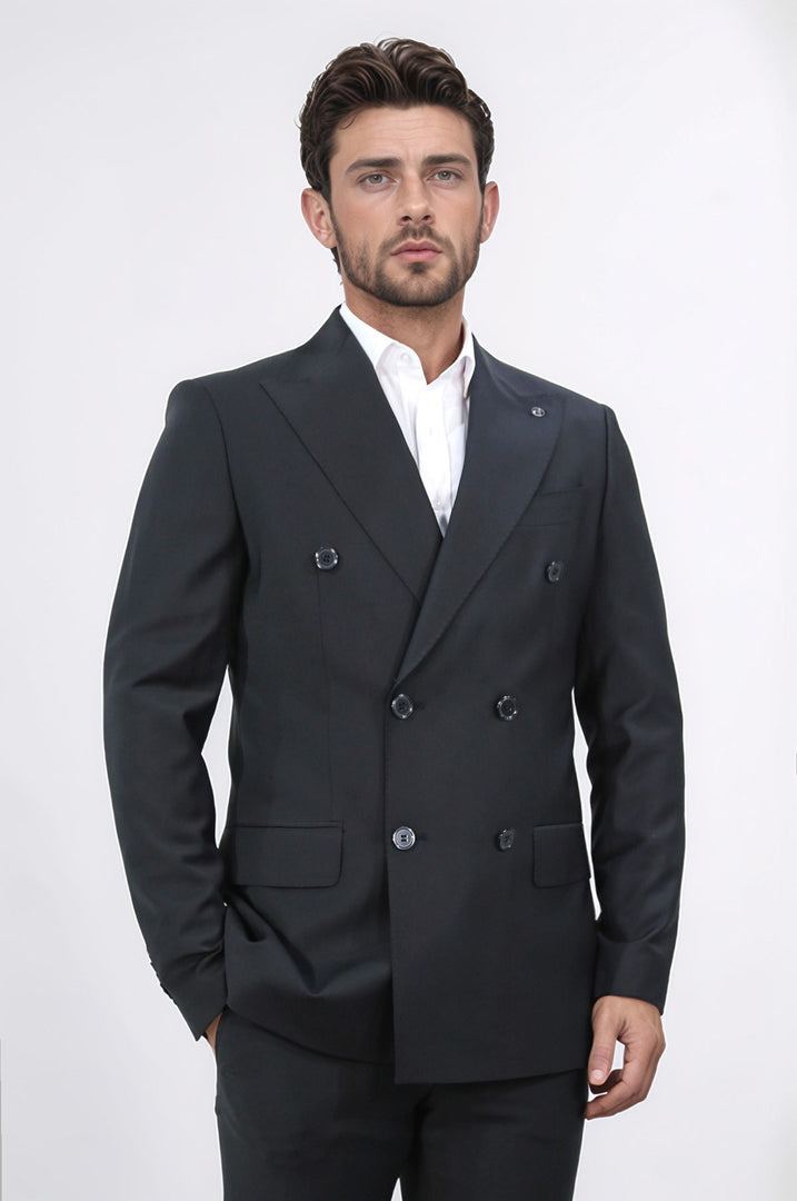 slim fit sivri yaka kruvaze siyah takım elbise 