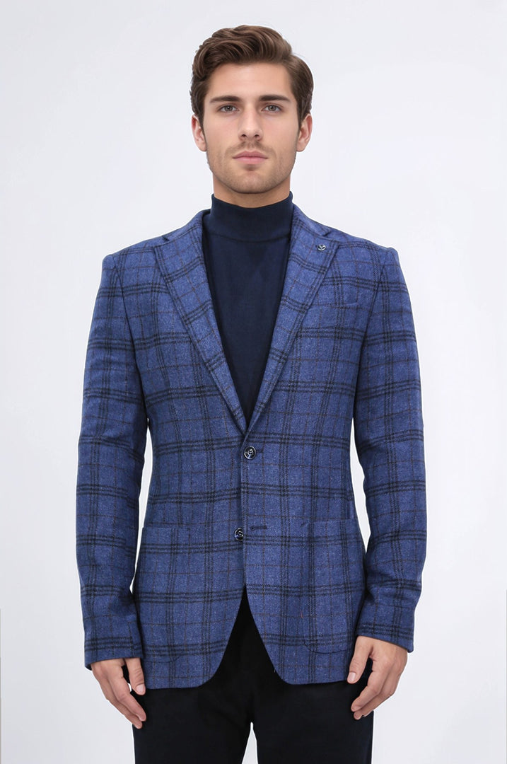 slim fit mono yaka lacivert kareli astarsız tek ceket 