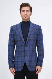 slim fit mono yaka lacivert kareli astarsız tek ceket 