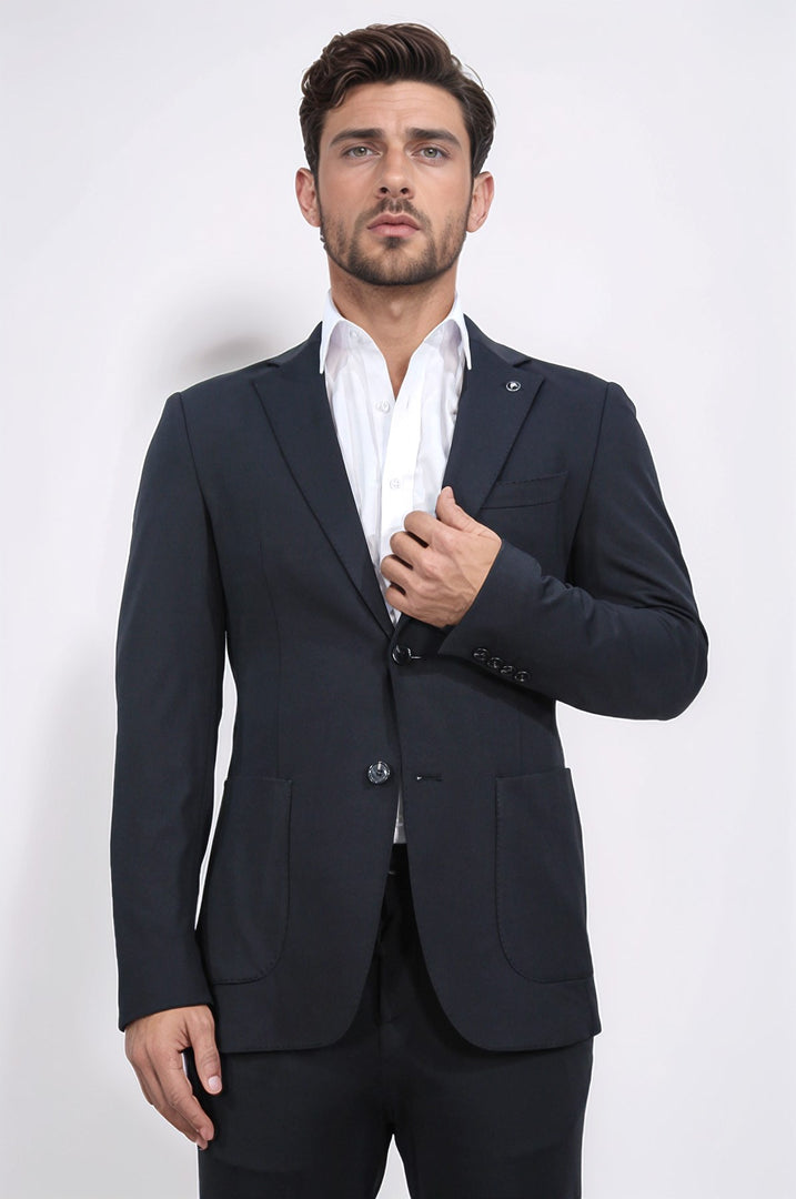 Comfort fit bi-strech hafif dokulu siyah astarsız tek ceket 