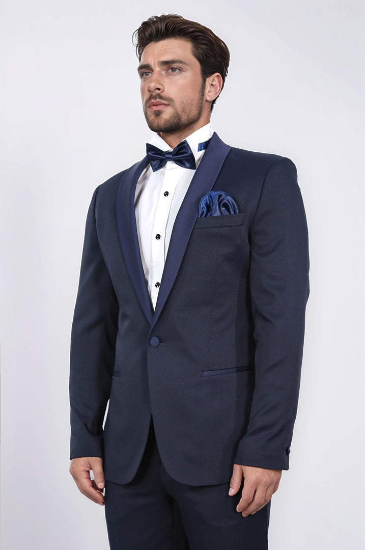 Slim fit şal yaka lacivert desenli takım elbise 