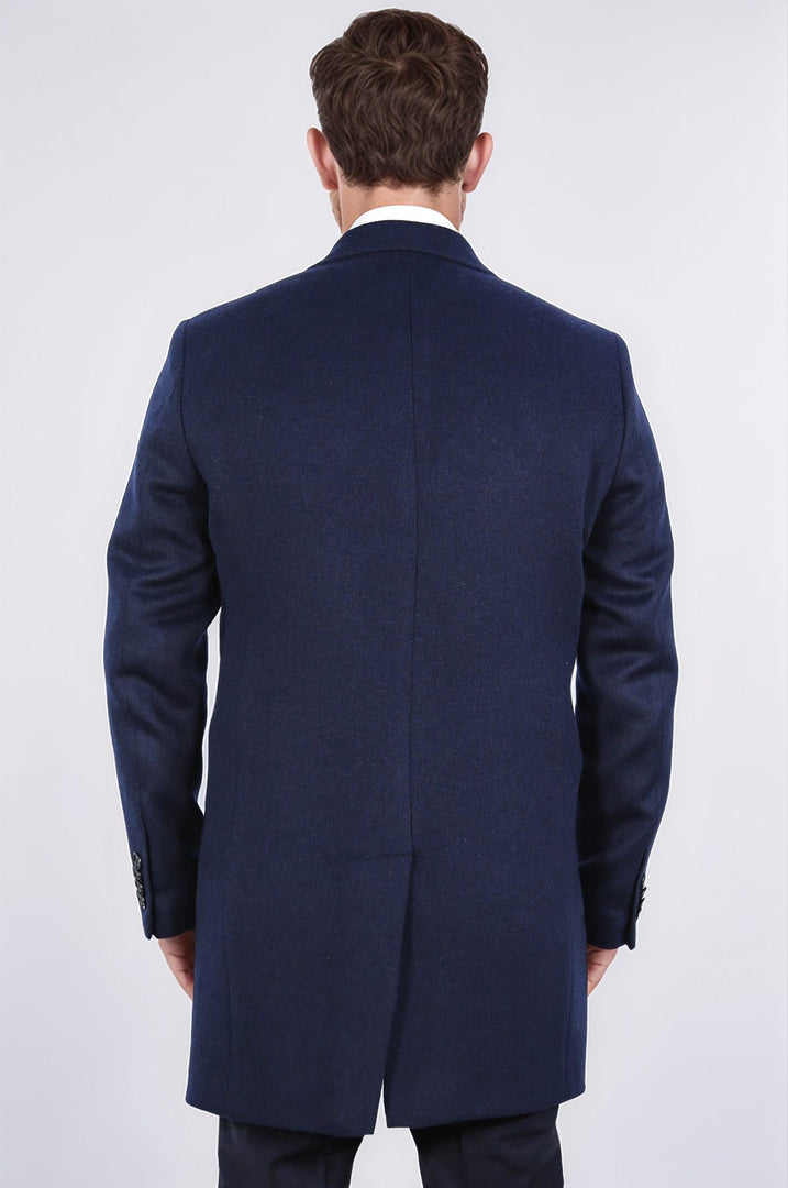 üç düğmeli mono yaka yün ve kaşmir karışımlı lacivert kaban 