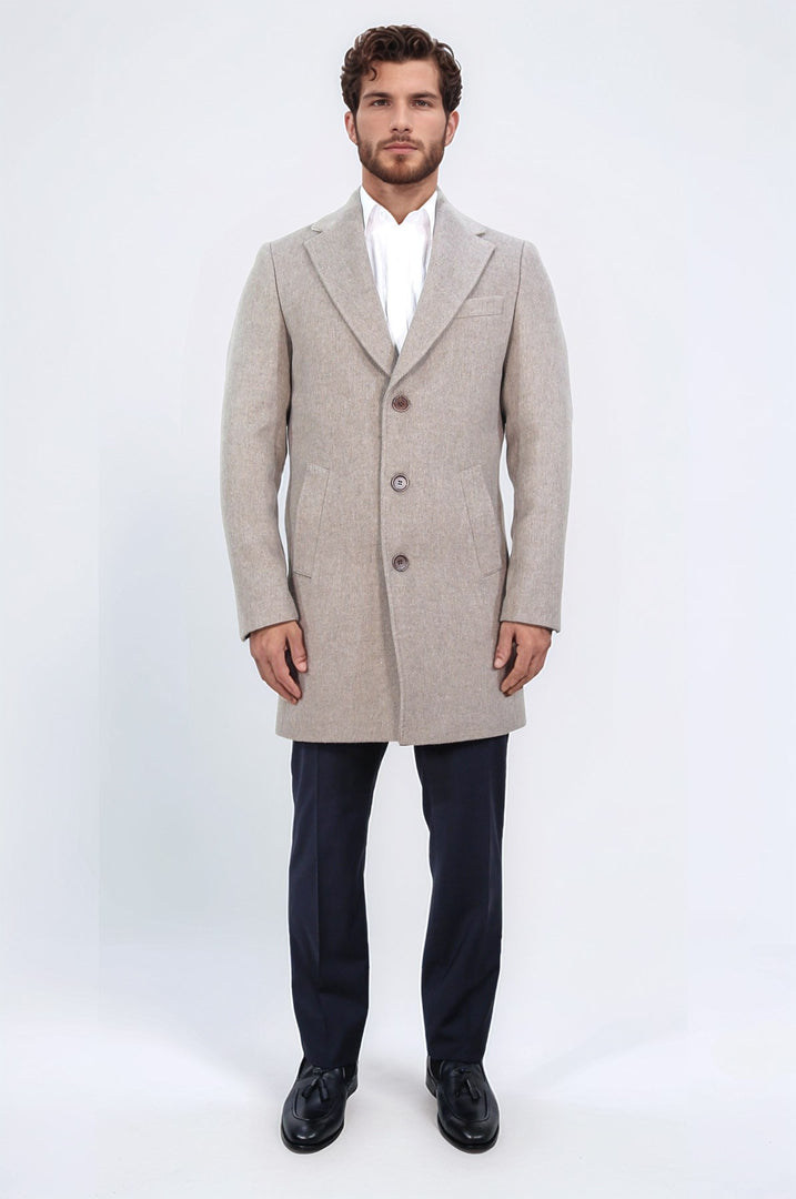 üç düğmeli mono yaka yün ve kaşmir karışımlı bej kaban 