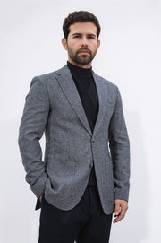 Slim fit mono yaka gri astarsız yünlü tek ceket 