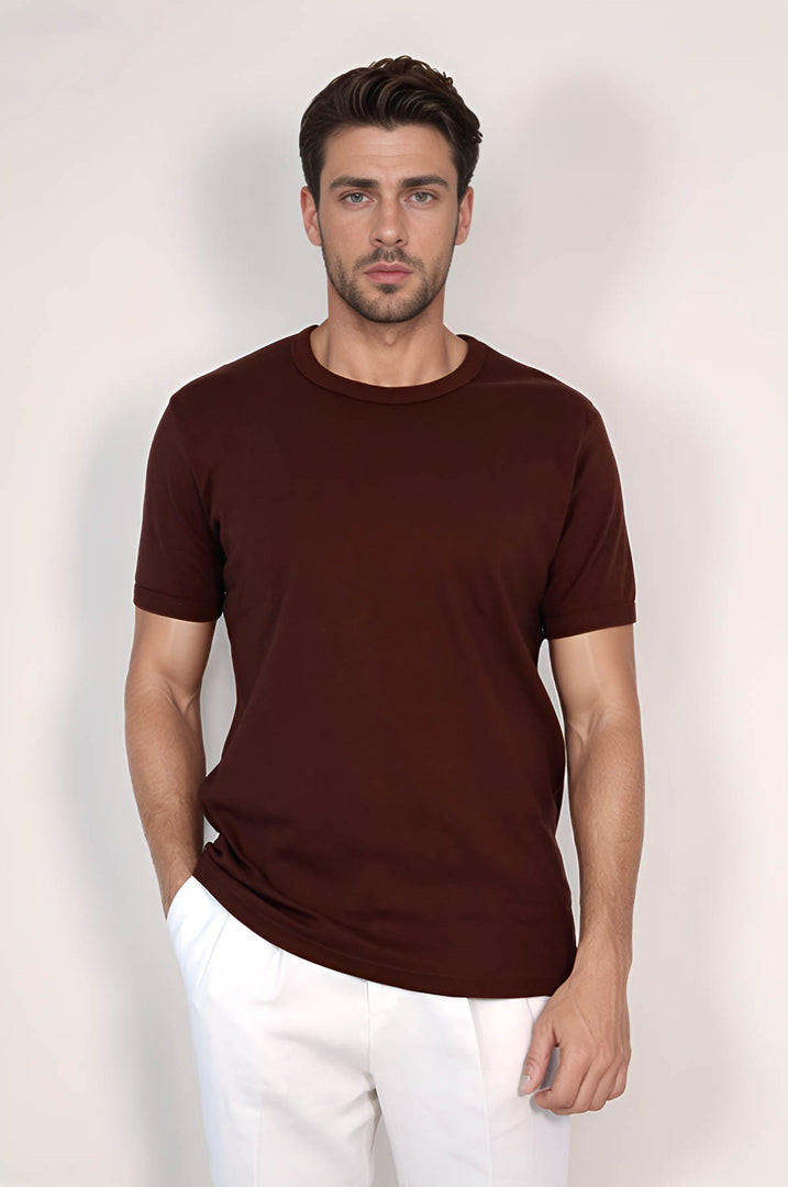 VELVARDE DÜZ BİSİKLET YAKA TSHIRT BORDO  (1881)