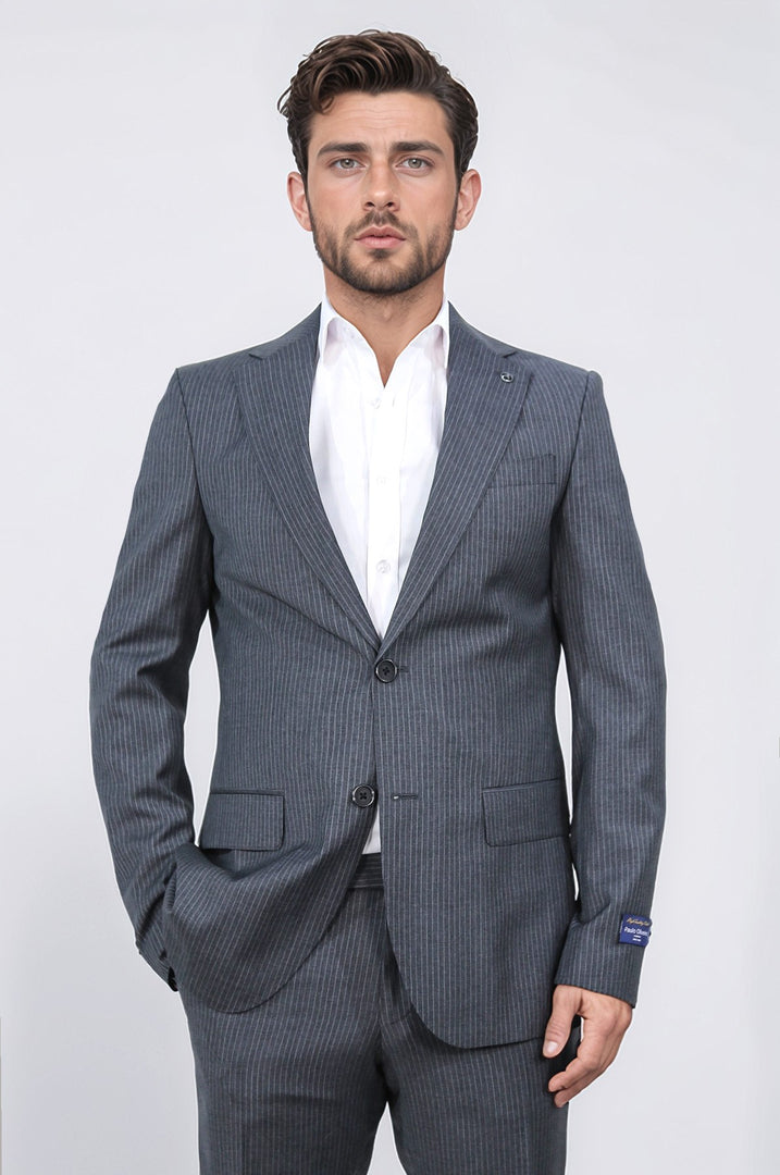 Slim fit mono yaka antrasit çizgili yünlü takım elbise 