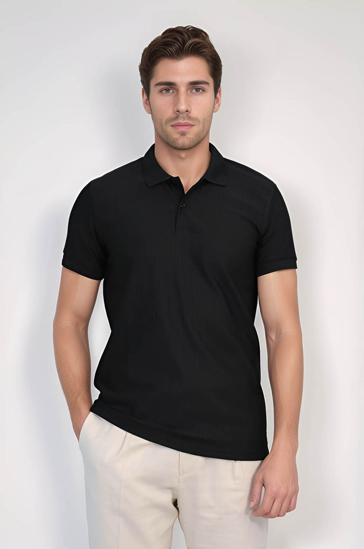 VELVARDE ÇİZGİLİ POLO YAKA TSHIRT SİYAH (1895)