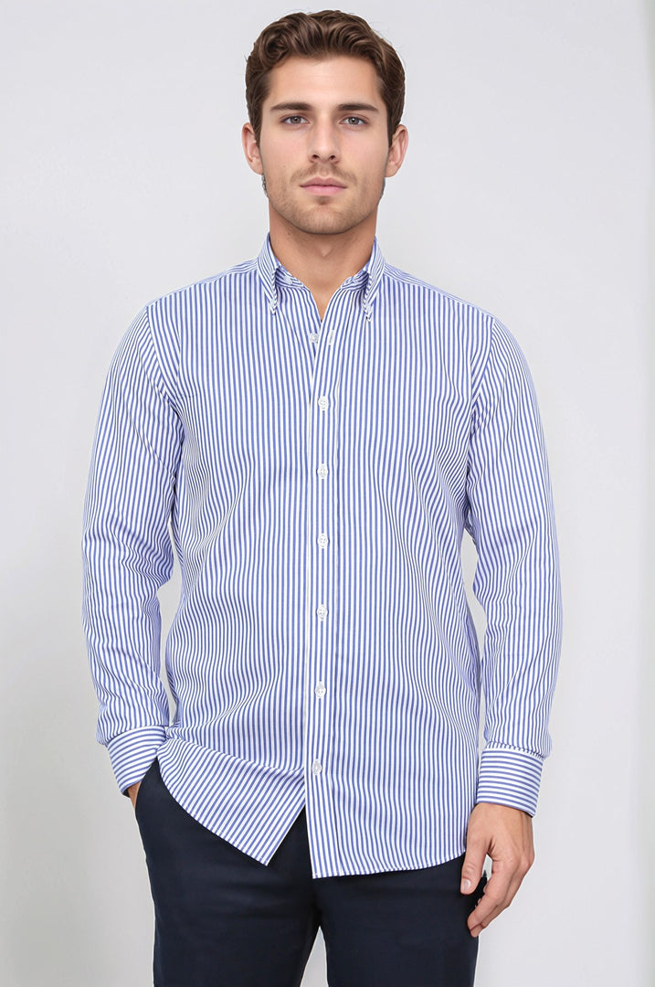 slim fit non-ıron çizgili mavi gömlek 
