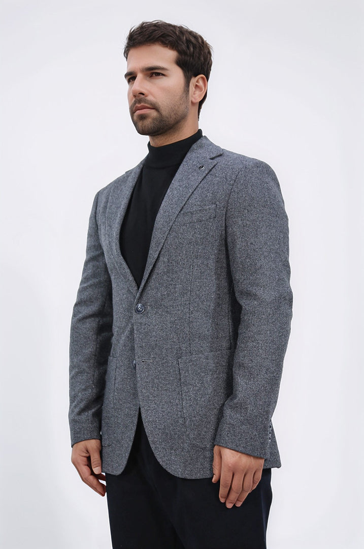 Slim fit mono yaka gri astarsız yünlü tek ceket 
