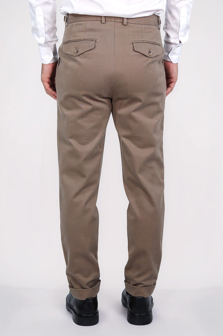 toka detaylı duble paça koyu bej tek pantolon 