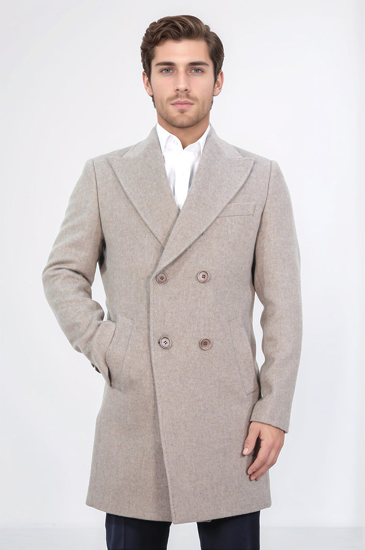 kruvaze sivri yaka yün ve kaşmir karışımlı bej kaban 