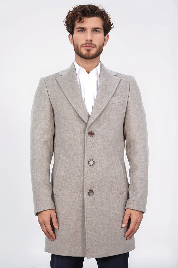 üç düğmeli mono yaka yün ve kaşmir karışımlı bej kaban 