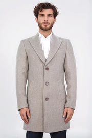 üç düğmeli mono yaka yün ve kaşmir karışımlı bej kaban 