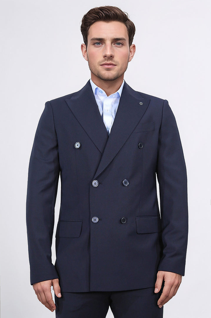 slim fit sivri yaka kruvaze lacivert takım elbise 