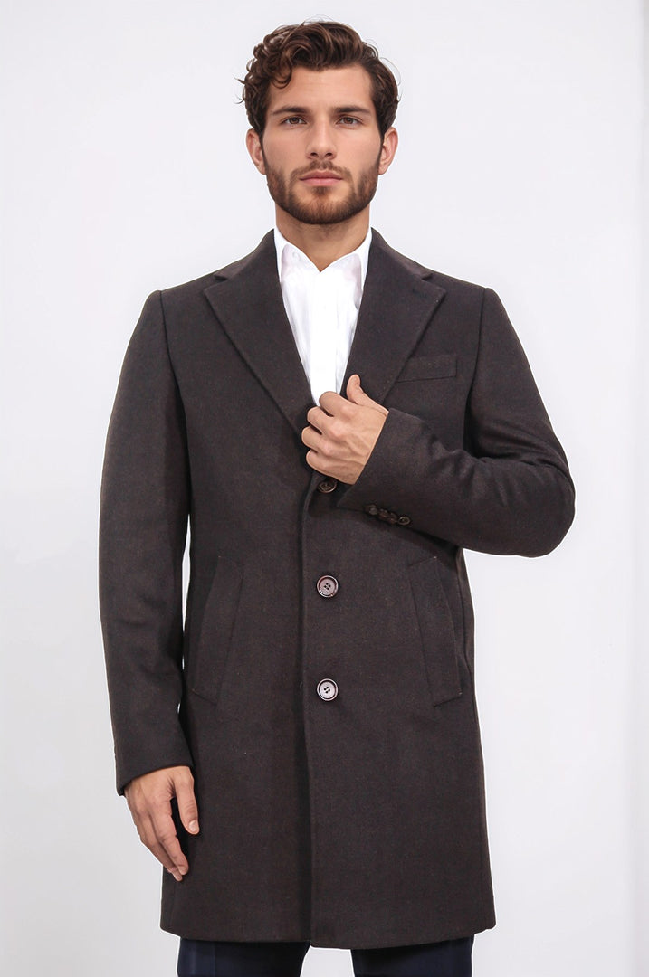 üç düğmeli mono yaka yün ve kaşmir karışımlı kahverengi kaban 