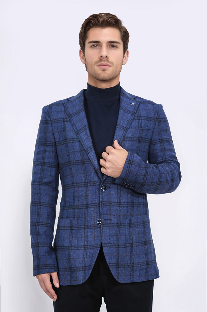 slim fit mono yaka lacivert kareli astarsız tek ceket 