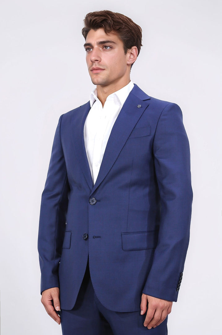 Slim fit mono yaka koyu mavi takım elbise 