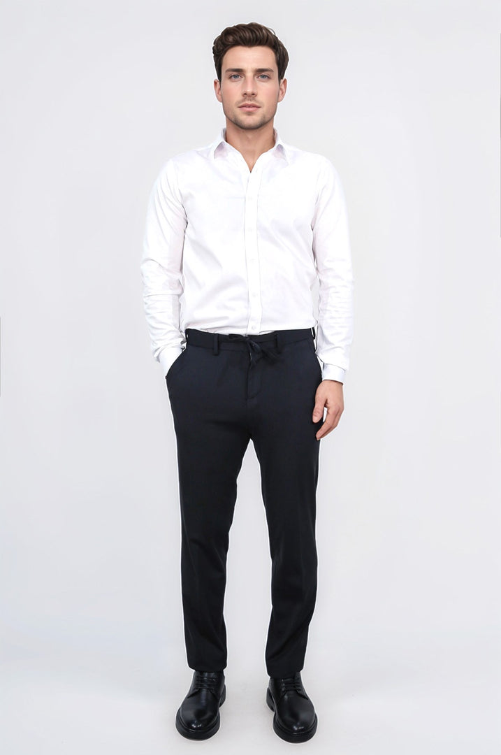 hafif dokulu kendinden kemerli siyah jogger tek pantolon 