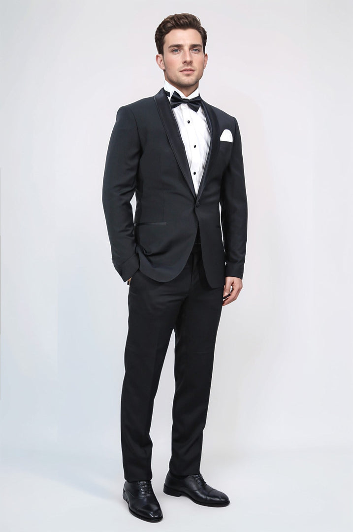 Slim fit saten şal yaka siyah damatlık 
