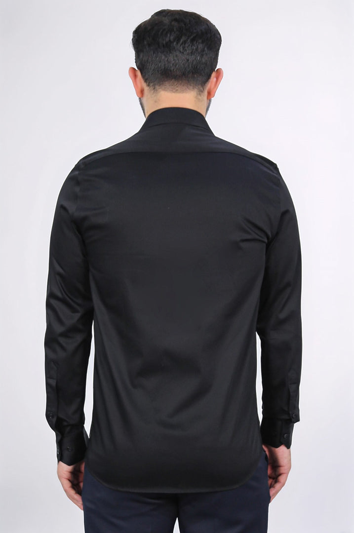 slim fit saten italyan yaka siyah gömlek 
