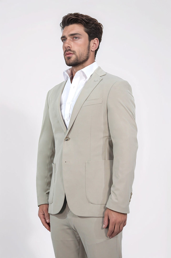 Comfort fit bi-strech hafif dokulu bej astarsız tek ceket