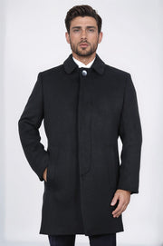 dik yakalı yan cepli siyah palto 