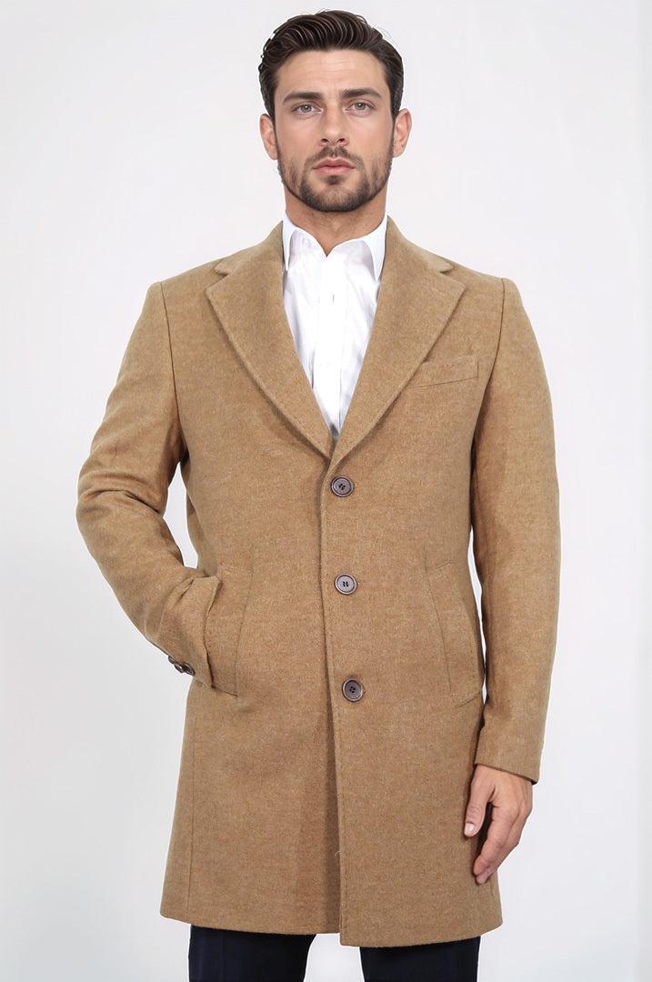 üç düğmeli mono yaka yün ve kaşmir karışımlı camel kaban 