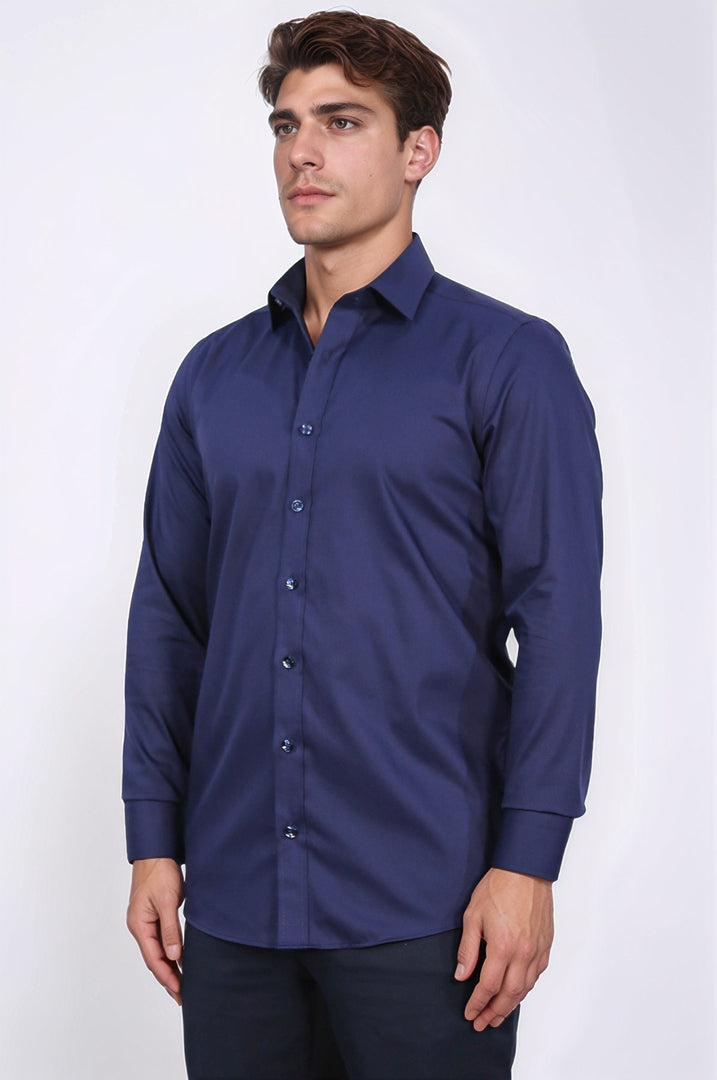 slim fit saten italyan yaka lacivert gömlek 