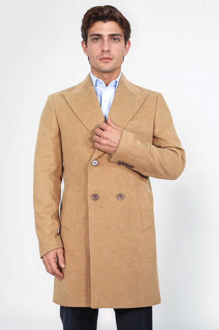 kruvaze sivri yaka yün ve kaşmir karışımlı camel kaban 