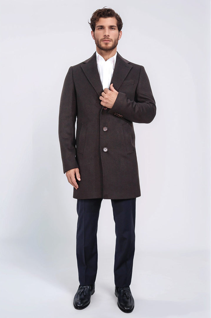 üç düğmeli mono yaka yün ve kaşmir karışımlı kahverengi kaban 