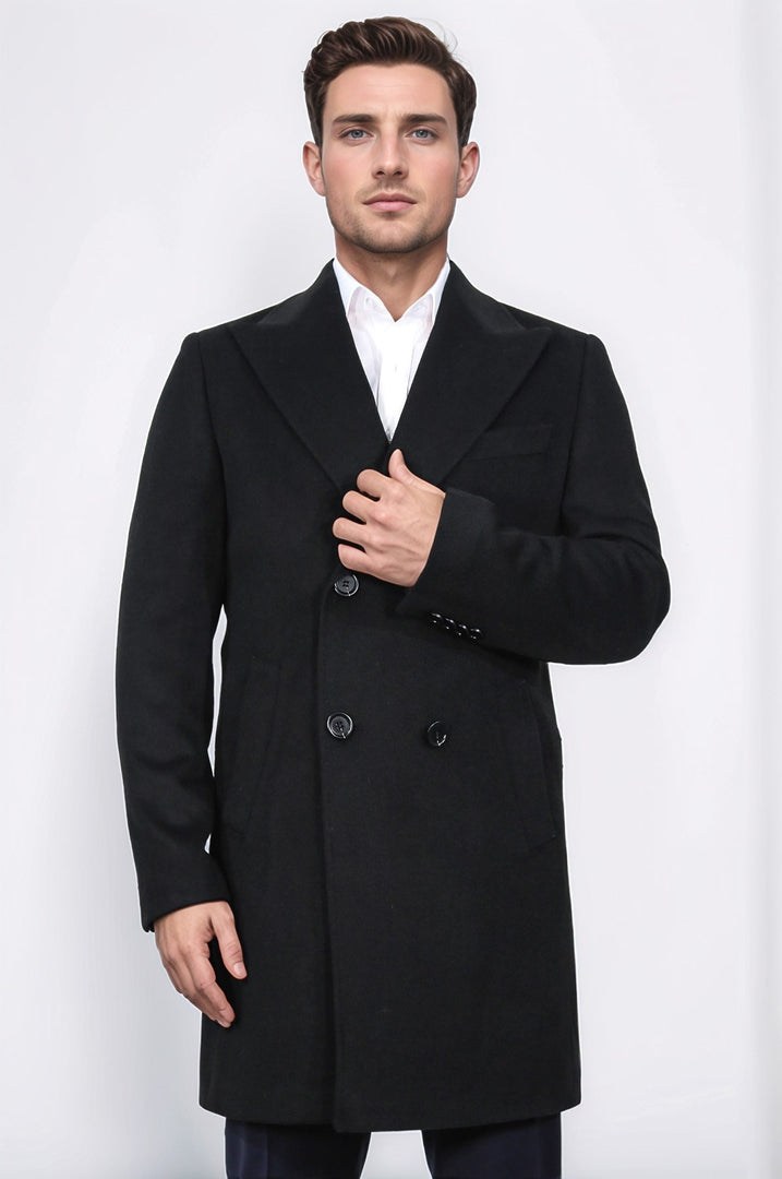 kruvaze sivri yaka yün ve kaşmir karışımlı siyah kaban 