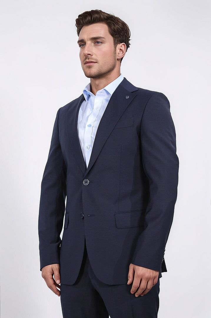 Slim fit mono yaka koyu lacivert takım elbise 