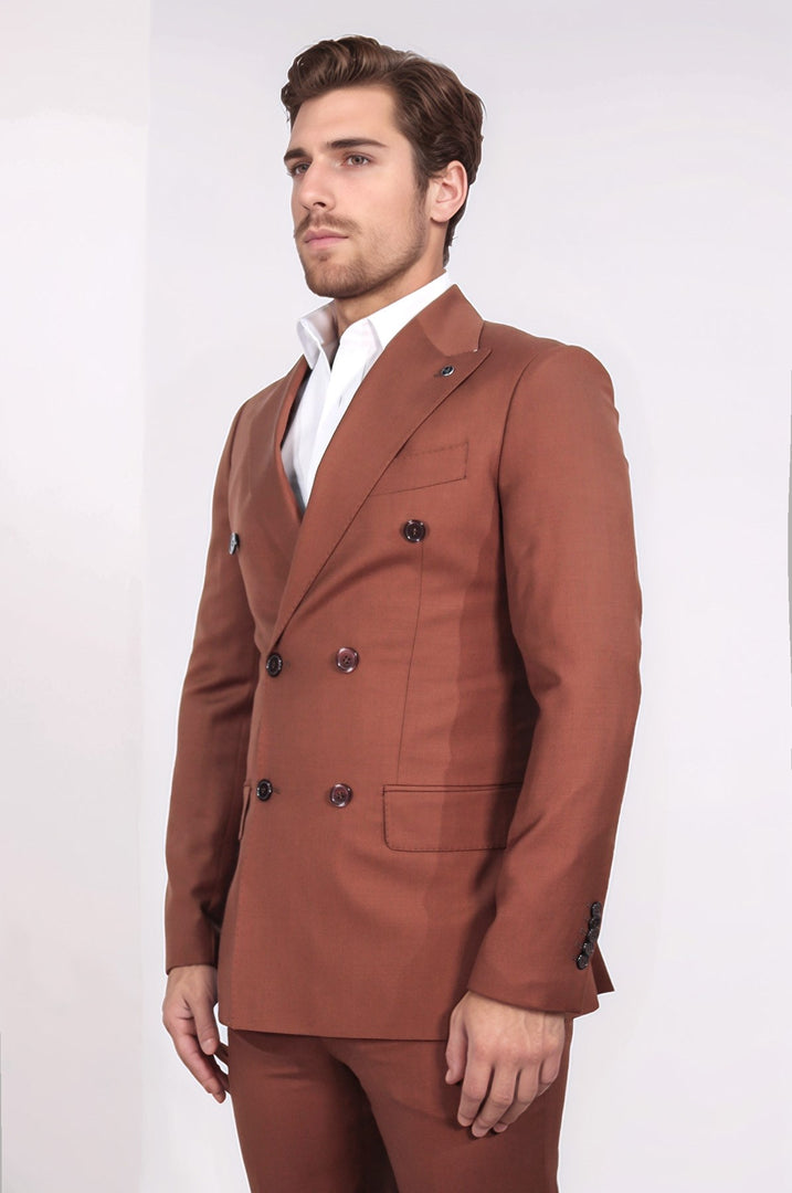 slim fit kruvaze sivri yaka kiremit takım elbise 