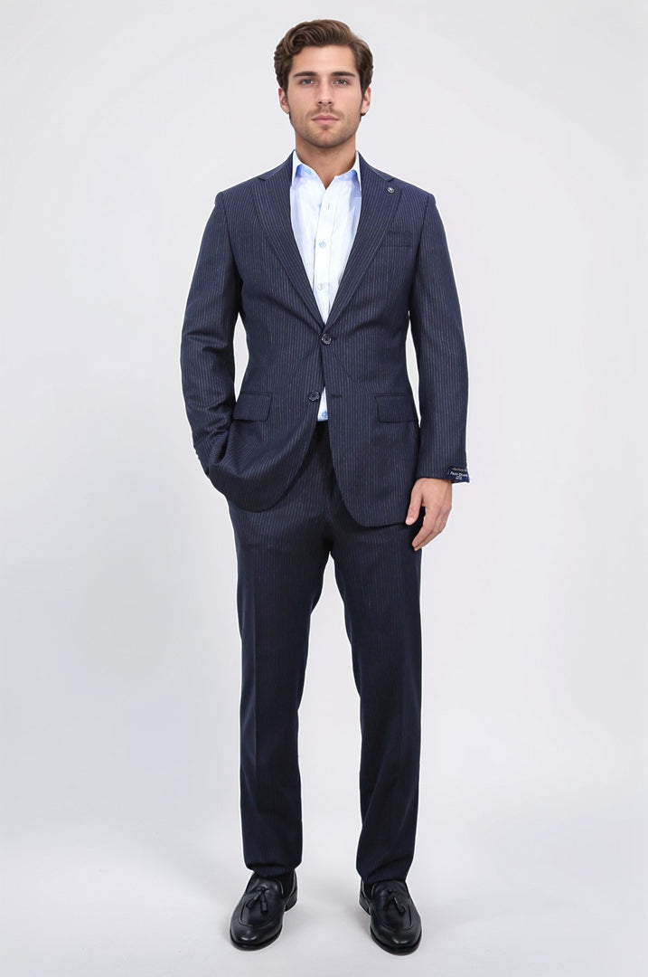 Slim fit mono yaka lacivert çizgili yünlü takım elbise 