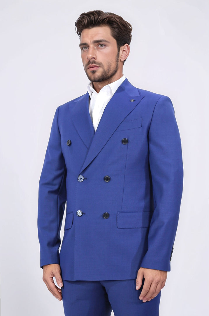 slim fit sivri yaka kruvaze petrol mavi takım elbise 