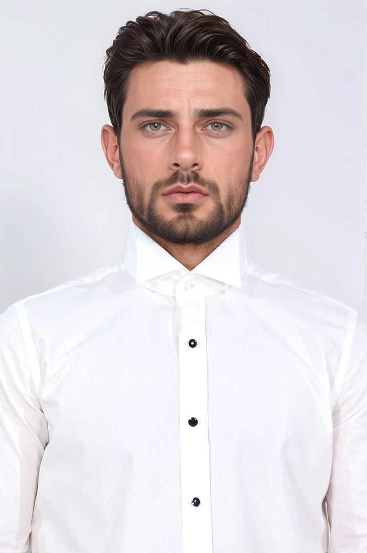 beyaz slim fit duble manşet ata yaka smokin gömlek 
