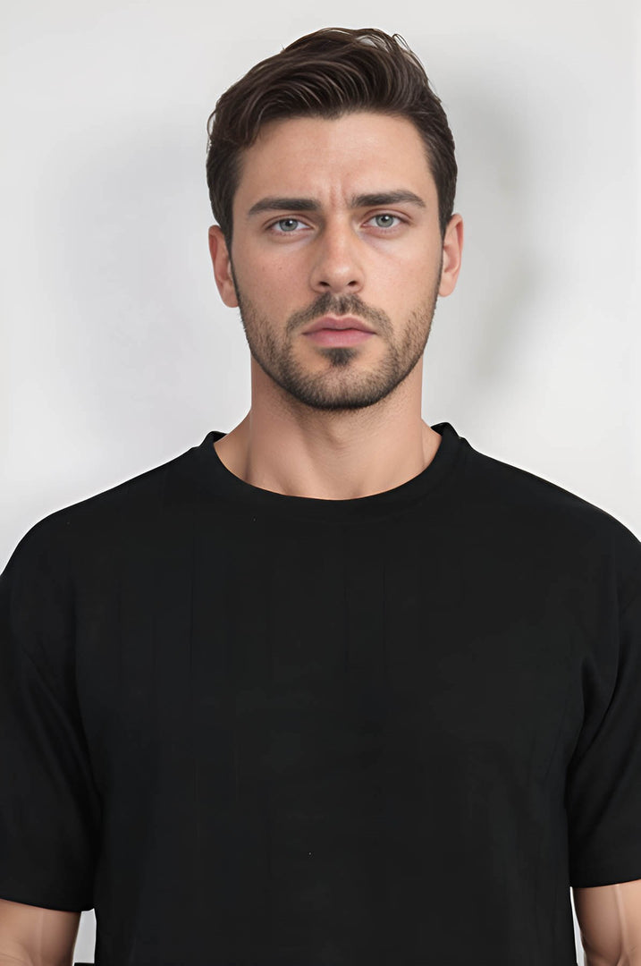 VELVARDE BİSİKLET YAKA ÇİZGİLİ TSHIRT SİYAH (1818)