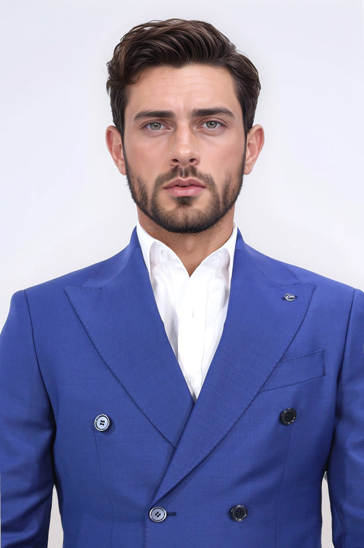 slim fit sivri yaka kruvaze petrol mavi takım elbise 