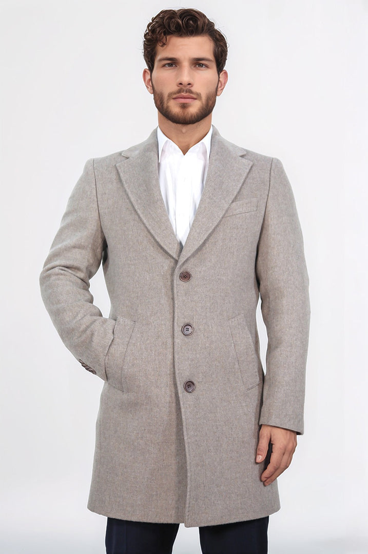 üç düğmeli mono yaka yün ve kaşmir karışımlı bej kaban 