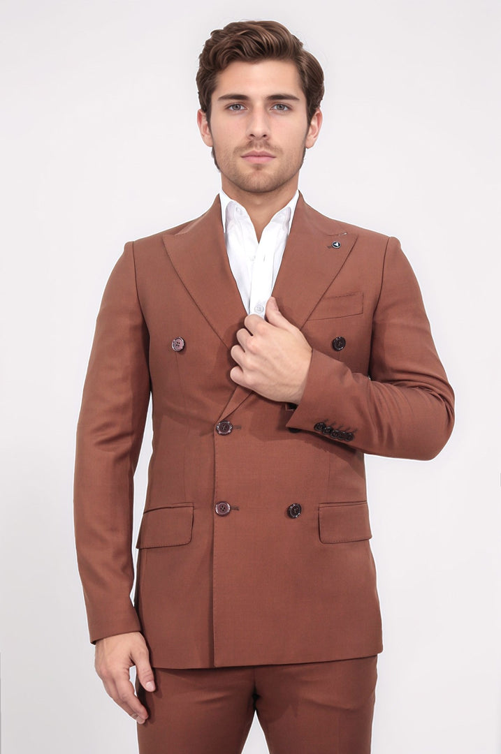 slim fit kruvaze sivri yaka kiremit takım elbise 
