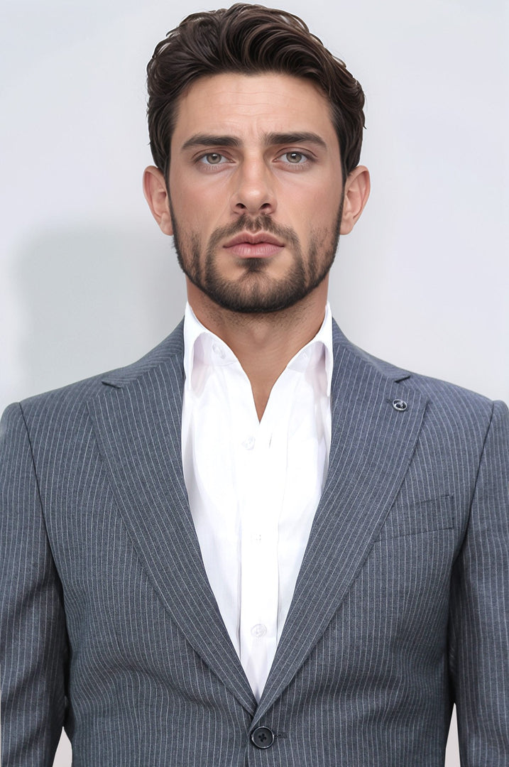 Slim fit mono yaka antrasit çizgili yünlü takım elbise 